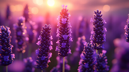 Fototapeta premium A field of purple lavender flowers with the sun shining on them