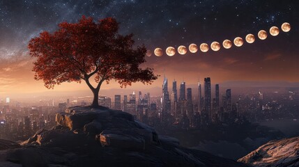 Red Leaf Tree Silhouetted Against Cityscape and Bright Starry Sky with Moon Phases at Sunset