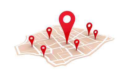 Map with red location pins indicating different destinations