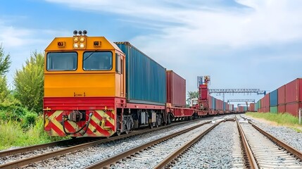 Obraz premium Bustling shipping dock scene with large freight containers being loaded onto a freight train in an urban industrial cityscape Logistics transportation and distribution concepts