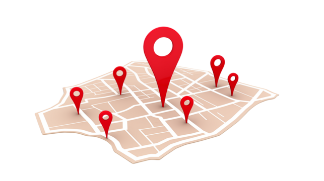 Map with red location pins indicating different destinations