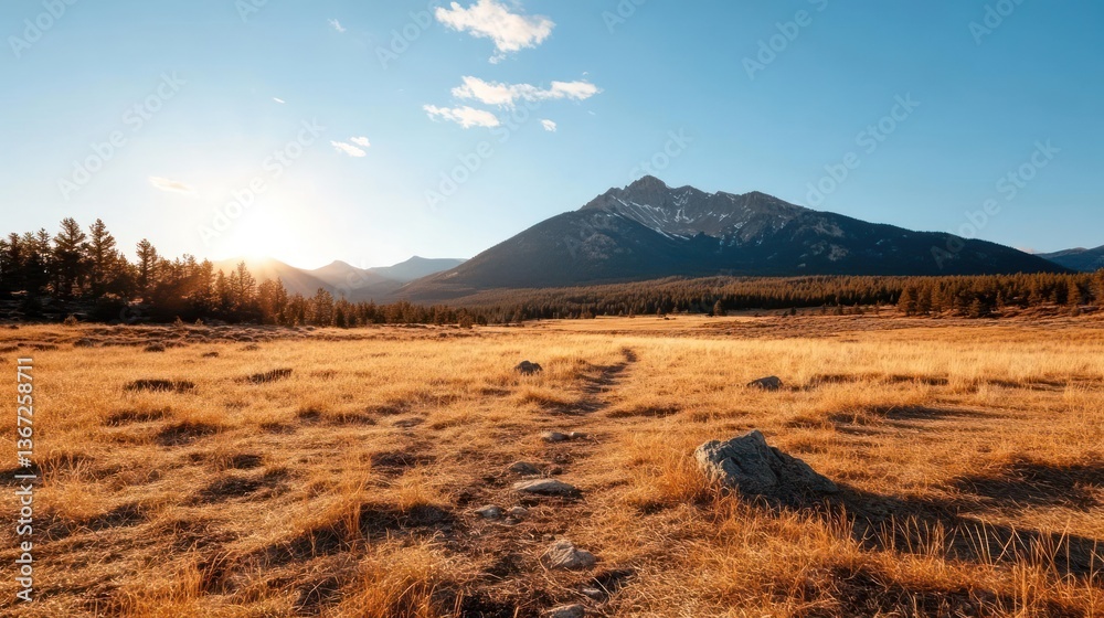Poster A golden field with a path leading to a mountain range under a blue sky with a setting sun casting warm light