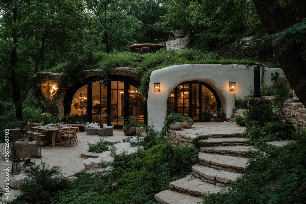 Poster exterior view of an organic architectural building with arches and integrated landscape design. even