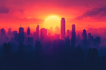 Fototapeta premium Low-angle view of a minimalist dystopian city silhouetted against a vibrant sunset, stark contrasts of light and shadow
