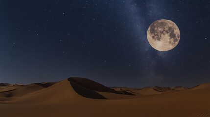 Stunning Night Desert Landscape Under Bright Full Moon with Stars and Sand Dunes