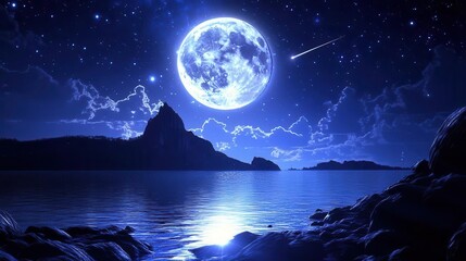 Stunning Moonlit Seascape with Bright Moon and Stars over the Serene Ocean at Night