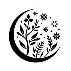Moonlit Flora: Minimalist Black and White Illustration