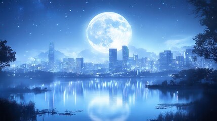 Stunning Cityscape Under a Bright Moonlit Sky with Reflections on Tranquil Water Surface