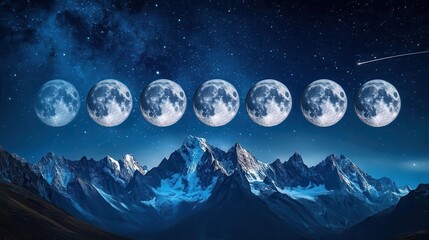 Phases of the Full Moon Over Majestic Snow-Capped Mountains Under a Starry Night Sky