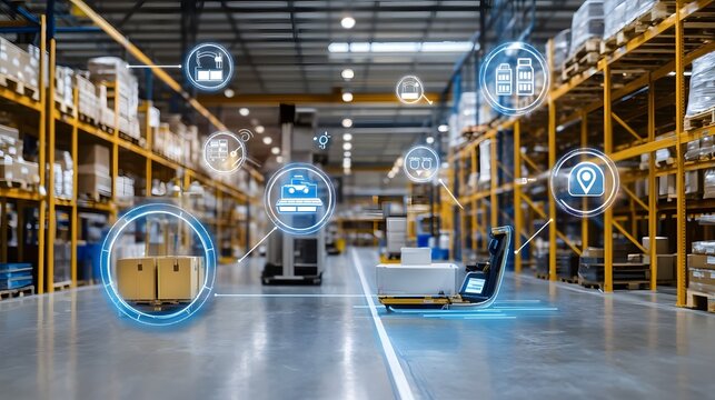 Futuristic AI powered warehouse featuring advanced inventory tracking data analytics and automated workflows for optimized logistics and distribution