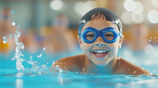 A young child actively swims in a pool focusing on improving technique and endurance during a swim training session with splashes