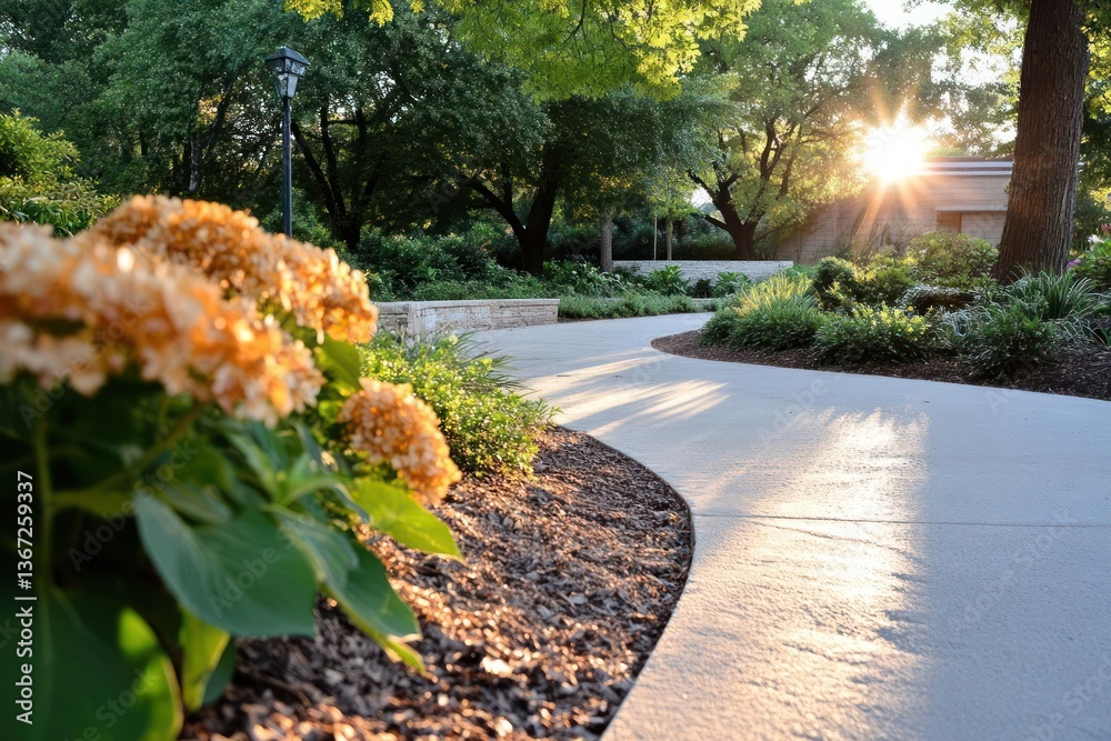Poster stone pathway curves through lush garden illuminated by golden sunlight trees and flowerbeds create 