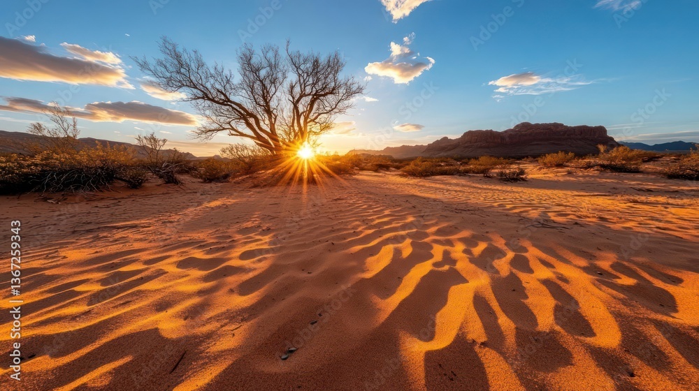 Poster desert landscape during sunset with a silhouetted tree and long shadows the sun flares through branc