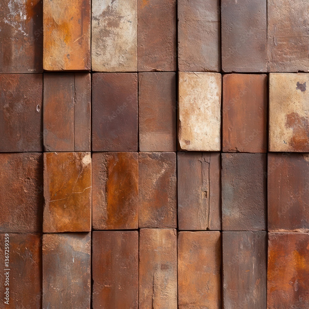 Poster Close up shot of a wall texture made of weathered rectangular bricks arranged in a grid pattern in shades of brown and orange. The surface shows rust and aging