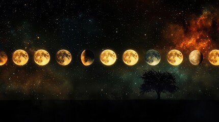Phases of the Moon Displaying Various Illuminations at Night with a Silhouetted Tree
