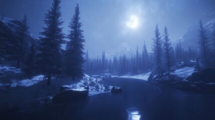 Serene Winter Night Landscape with Moonlit River and Snow-Covered Trees in Remote Forest