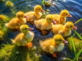 Adorable Yellow Ducklings Aerial View, Cute Baby Ducks Overhead Shot, Spring Farm Animals