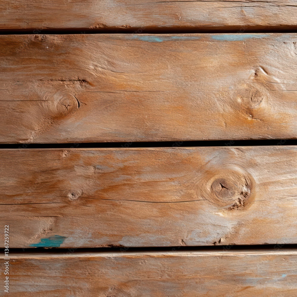 Poster Close-up of weathered wooden planks with visible grain and knots featuring rustic textures in natural tones