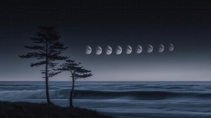 Phases of the Moon Over the Ocean with Silhouetted Trees During a Calm Night
