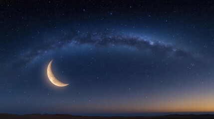 Stunning Crescent Moon Over a Starry Night Sky with Milky Way and Twilight Horizon
