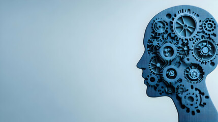 3D Illustration Silhouette Head with Gears Abstract Blue Background