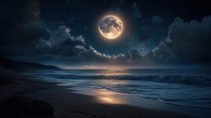 Stunning Night Scene of Full Moon Illuminating Calm Ocean Waves at a Beach Under Starry Sky
