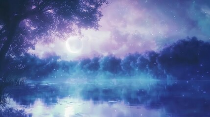 Serene Night Sky with Moon and Stars Reflecting in a Calm Water Body Surrounded by Lush Trees