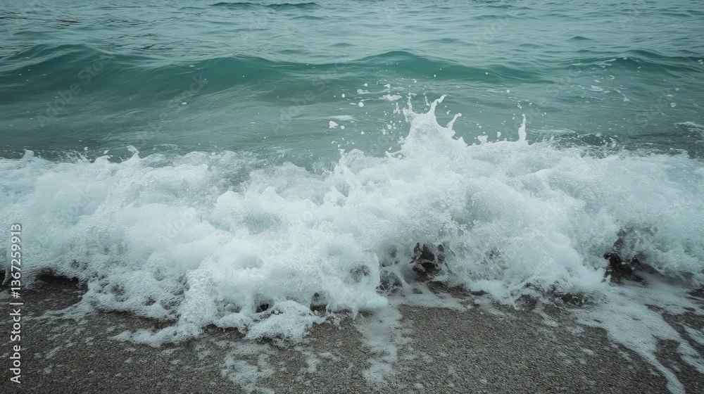 Aufkleber dynamic ocean wave crashing on shore with turquoise water and white foam creating a splash on a grai