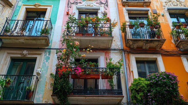 Fototapeta A charming old European downtown with colorful buildings and flower-covered balconies.