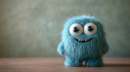 Cute blue monster character with big eyes and fluffy fur standing on a rustic table against a textured backdrop