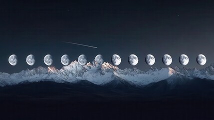 Phases of the Moon Over Majestic Snow-Capped Mountains at Night Sky with Stars