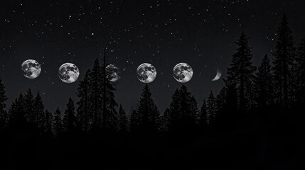 Phases of the Moon Visible in a Starry Night Sky Above a Silhouetted Forest Landscape