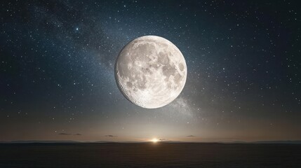 Stunning Full Moon Illuminating a Starry Night Sky Above a Calm Ocean Horizon