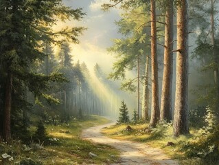 Obraz premium Sunlit Forest Path: A Serene Woodland Walk