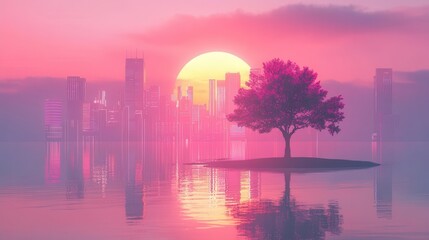 Silhouette Of A Tree On An Isolated Island With A Vibrant Cityscape Sunset Reflection