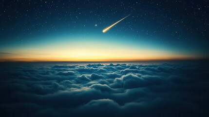 Stunning Night Sky Over Dense Clouds at Sunset with Bright Meteor and Twinkling Stars