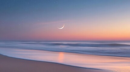 Serene Beach Sunset with Gentle Waves and a Moonlit Sky Over the Horizon