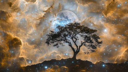 Silhouette of a Tree Against a Cosmic Sky with Stars and a Bright Moon at Night