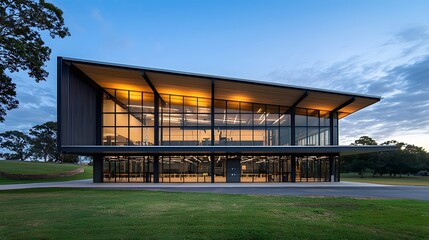 Obraz premium Photograph of a contemporary energy efficient warehouse interior showcasing sustainable design elements such as modern lighting and insulation for a commercial manufacturing or logistics facility