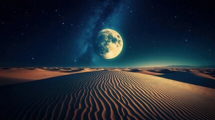 Stunning Night Landscape of a Desert Dune Under a Full Moon with Starry Sky