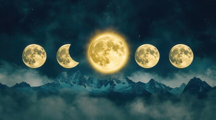 Phases of the Moon Over Majestic Mountain Range on a Starry Night Sky