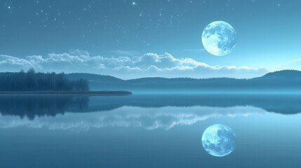 Radiant Full Moon Illuminating Calm Lake With Reflections Under Starry Night Sky