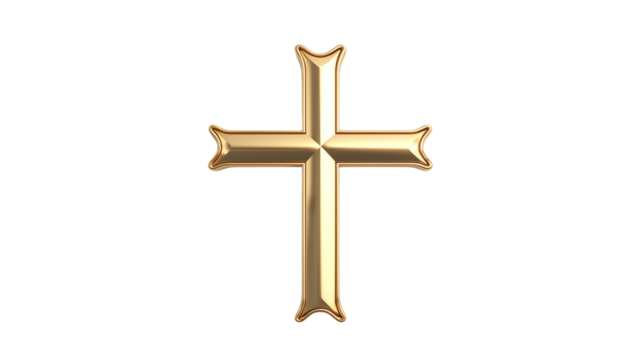 A shiny golden cross isolated against a black background