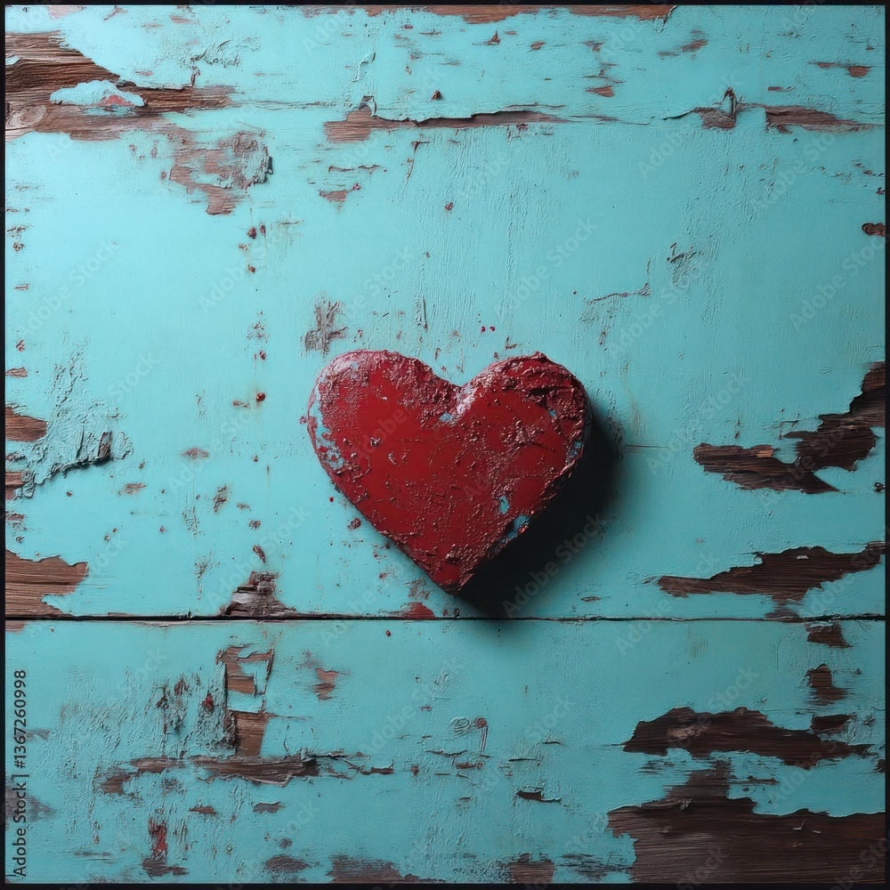Poster a rustic red heart on weathered turquoise wood creating a vintage texture. perfect for love and affe