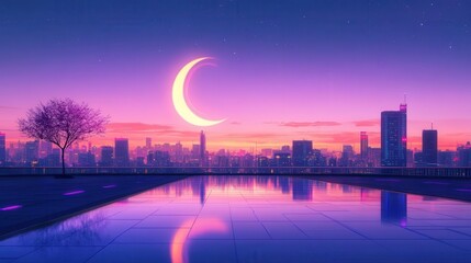 Scenic View of a City Skyline at Twilight with a Crescent Moon and Reflections on Water