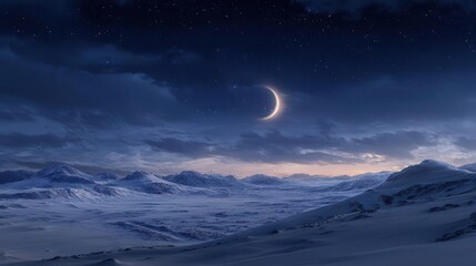 Stunning Night Sky with Crescent Moon and Twinkling Stars Over Snowy Mountains Landscape