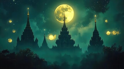 Silhouetted Ancient Temples Under a Glowing Moon at Night with Stars in the Sky