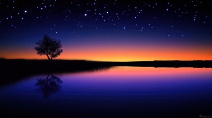 Starry Twilight Over a Tranquil Lake with Silhouette of a Tree and Vibrant Reflection