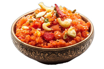 Garnished carrot halwa in ornate bowl.