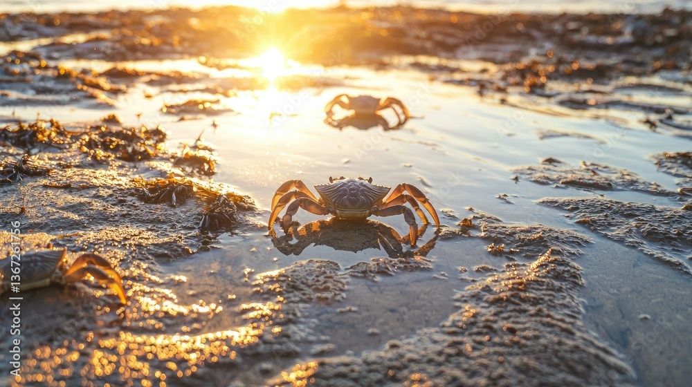Poster Crabs moving across wet sand with a setting sun reflecting off tidal pools. 